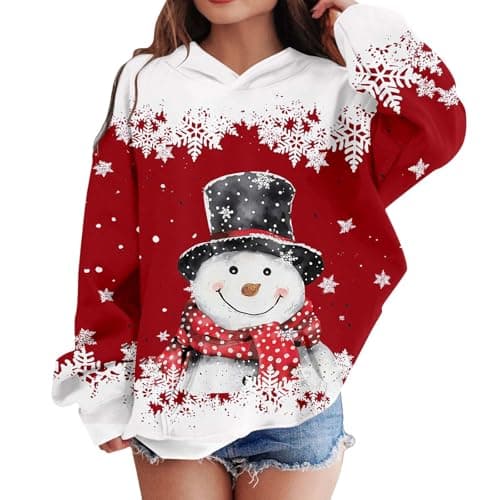 Image of Christmas Jumpers for Kids Girls Christmas Hoodies Cute Snowman Xmas Tree Printed Festive Tops Girls Xmas Party Pullovers Casual Loose Fit Long Sleeve Hooded Pullover (Red #1, 11-12 Years)