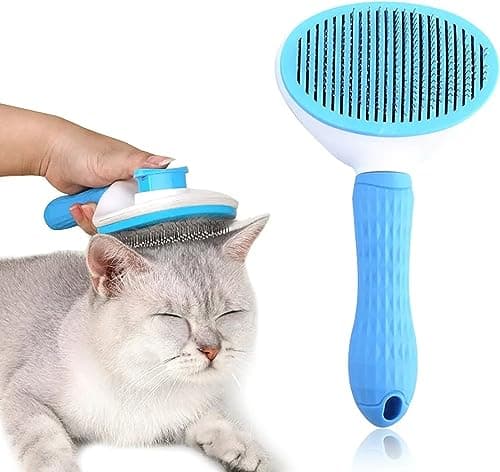Image of Self-Cleaning Cat and Dog Slicker Brush - Grooming Comb With Smooth Handle, Pet Grooming Tool With Cleaning Button for Shedding and Massage (BLUE)