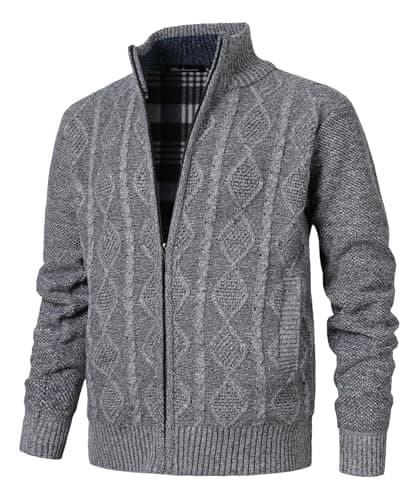 Image of Herothorn Men's Cable Knitted Cardigan Fleece Lined Jumper Stand Collar Sweater Winter Full Zip Knitwear with Pockets Hellgrau