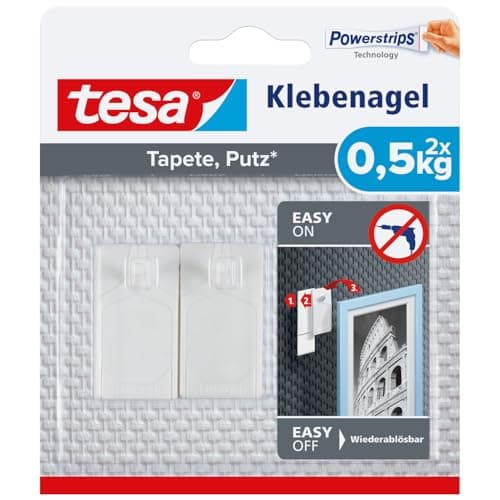 Image of tesa Adhesive Nail for Wallpaper and Plaster 0,5kg - No Nails Picture Hanger - Pack of 2 Adhesive Nails and 3 Strips