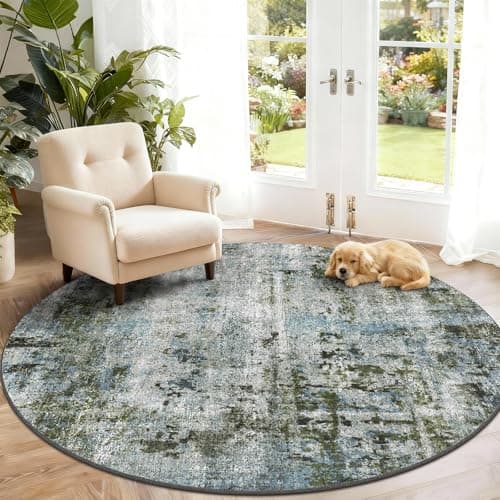 Image of SOANNY Living Room Rug, Round 160 cm Modern Abstract Low Pile Area Carpet, Non-Slip Washable Mat for Bedroom, Hallway, Kitchen, Laundry, Entryway, Utility, Beside Sofa, Office, Moss Green