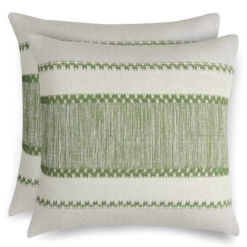 Image of Hopomoon Set of 2 Sage Green Boho Cushion Covers,Bohemian Farmhouse Rustic Cute Macrame Woven Striped Pillow Covers Square Cotton and linen Pillow Case Home Decor for Bed Sofa Chair,45 X 45 cm
