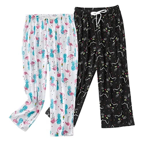 Image of ENJOYNIGHT Women's Pyjama Bottoms Cotton Capri Pants Lounge Pants with Drawstring Sleepwear (Medium,Flamingo+black cat)