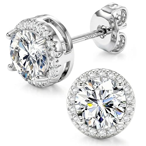 Image of ORAZIO 925 Sterling Silver Stud Earrings for Women Men Round Simulated Diamond Halo Earrings Square Heart Cubic Zirconia Stud Earrings Dainty Bridal Earrings Jewelry for Brides Bridesmaids Wedding