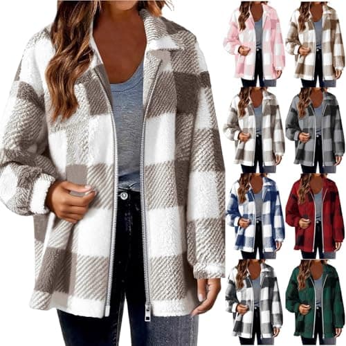 Image of Fleece Jacket for Women Plus Size, Ladies Plaid Shacket Jacket Oversized Teddy Fleece Fuzzy Coats Zip Up Casual Long Sleeve Fluffy Outfits Winter Clothes Tartan Checked Coat Size 8-22