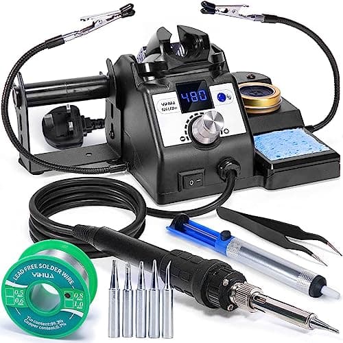 Image of YIHUA 926LED IV 60W Digital Soldering Iron Station Kit w Temperature Stabilization for Soldering & Desoldering w Helping Hands 5 Soldering Iron Tips Lead-Free Solder Solder Sucker UK Plug (Silver)
