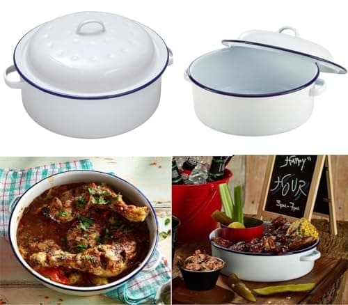 Image of VG® Round Vitreous Enamel Roaster with Lid Oven Safe 20cm Diameter Ideal for Oven to Table use, White with Blue Rim,Self-Basting Ideal for Traditional Roasts Cook Hearty Family Meals Casserole Stew