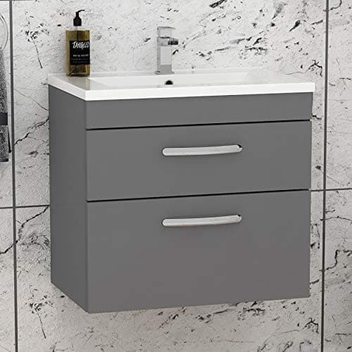 Image of 600mm Wall Hung Bathroom Vanity Unit Minimalist Basin 2 Drawers Storage Cabinet Furniture - Indigo Grey Gloss