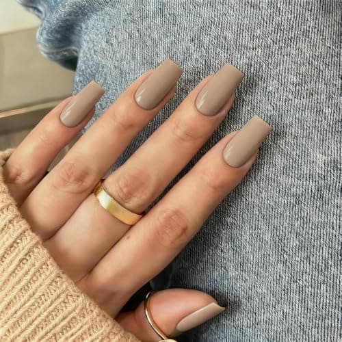 Image of KQueenest Light Gray Press on Nails Long Square, Nude Brown False Nails Long Medium Coffin, Glossy Natural Solid Fake Nails Set, Reusable Gel Stick on Nail for Women Finger Daily Wear 24 Pcs