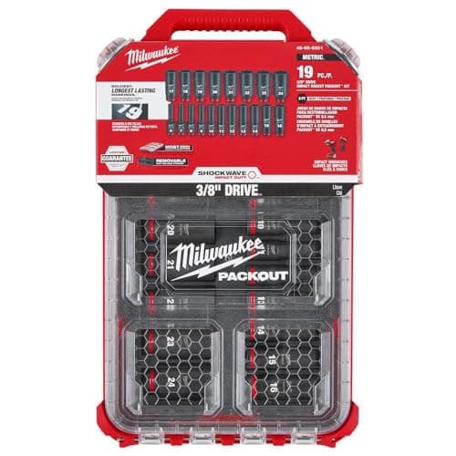 Image of Milwaukee 4932480946 3/8 Drive Packout Deep Impact Shockwave Socket Set 19 Piece