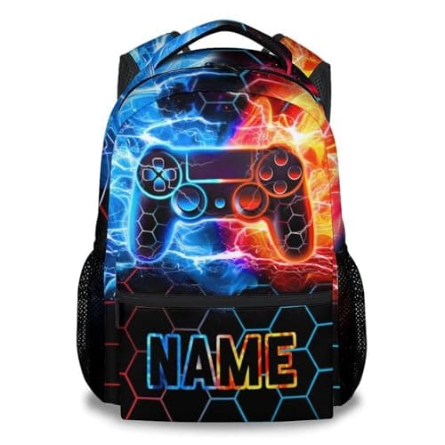 Image of GiftoFLUX 17 Inch Personalised Boys Gaming Backpack with Name - Kids School Rucksack with Game Controller Design, Ideal for School, Travel and Gaming for Children and Teens