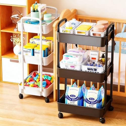 Image of Multibao 3 Tier Storage Trolley Cart on Wheels with Handle Kitchen Bathroom Laundry Narrow Space Rack Space-Saving Mobile Shelving Organizer L35cm x W24cm x H68cm (Black)