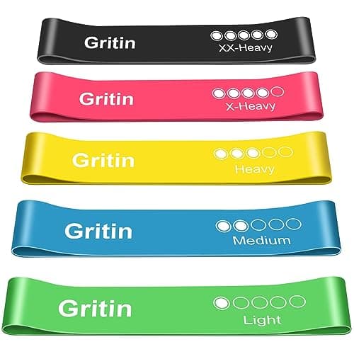 Image of Gritin Resistance Bands, Set of 5 Skin-Friendly Resistance Fitness Exercise Loop Bands with 5 Different Strength Levels - Carrying Case Included - Ideal for Home, Gym, Yoga, Training