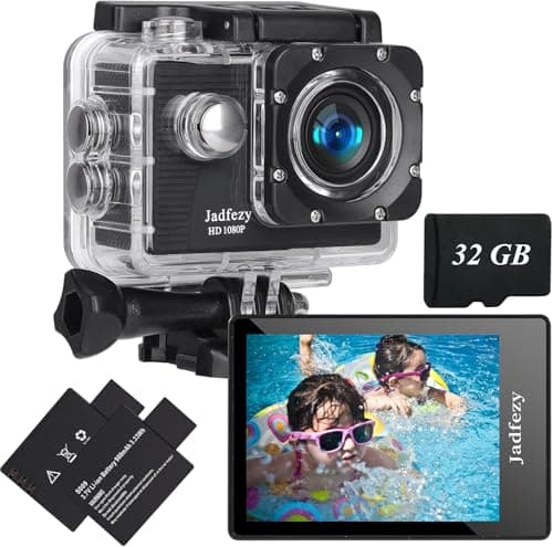 Image of Jadfezy Action Camera FHD 1080P with 32GB Card, 98FT/30M Underwater Waterproof Camera with 2 Rechargeable Batteries, Wide Angle sports camera with Accessories Kit Suitable for Helmet, Bicycle.(A003)