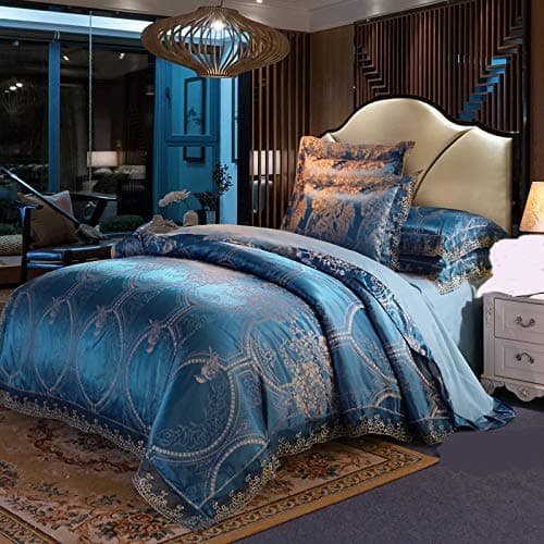 Image of Beyeutao Jacquard Duvet Cover King Bedding Luxury Blue Duvet Set Jacquard Bedding Set 3 PCS with Duvet Cover Set Pillowcases. (Blue, King)