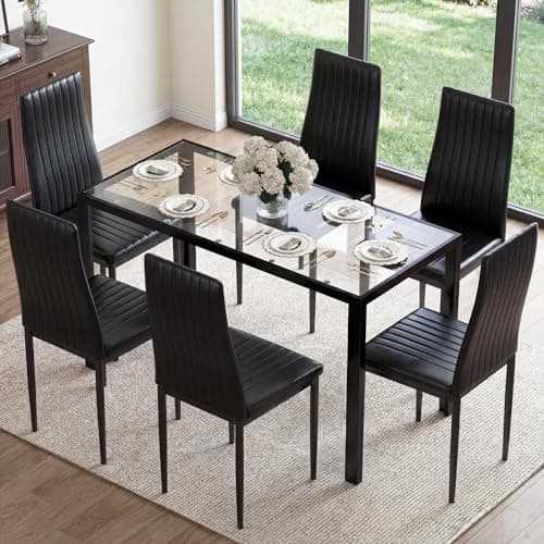 Image of Gyfimoie 7-Piece Black Dining Table Set, Glass Kitchen Table and 6 PU Leather Chairs, Compact Dining Room Set for Small Space, Modern Dining Room Sets for Home, Kitchen(120 * 75 * 60CM)
