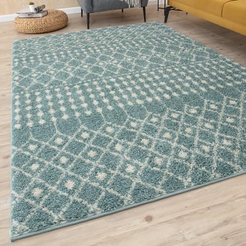 Image of THE RUGS Modern Moroccan Design Living Room and Bedroom Rugs, Non-Shedding & Easy Care (Moroccan Duck Egg Blue/Ivory, 60x110 cm)