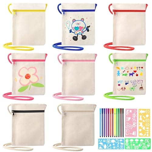 Image of Qzakce Blank Canvas Zipper Shoulder Bags Fabric Crossbody Purses 8 Pcs Plain Cotton Tote Bags with 12 Color Pen and Templates for DIY Painting Crafting Party Gifts