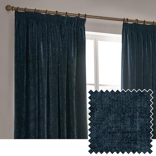 Image of Yard furn Heavy Chenille Pencil Pleat Curtain Pair – Lined Room Darkening Soft Velvet Curtains (Navy - Width 229 x Drop 183cm)