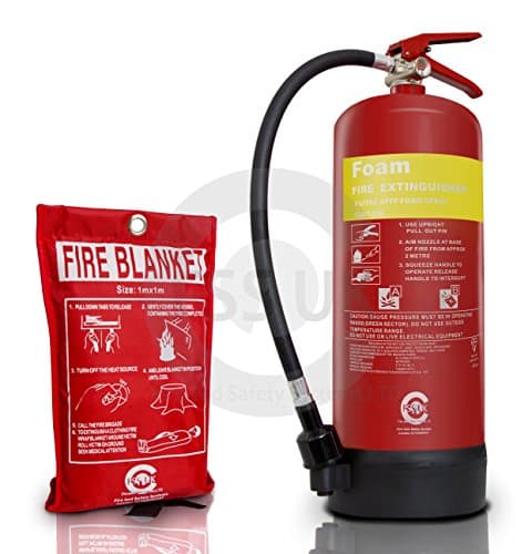 Image of PREMIUM FSS UK 6 LITRE FOAM FIRE EXTINGUISHER WITH FIRE BLANKET. BSI Kitemarked extinguisher and CE marked FIRE BLANKET. IDEAL FOR HOMES KITCHEN WORKPLACE OFFICES WORKSHOPS WAREHOUSES GARAGES HOTELS RESTAURANTS