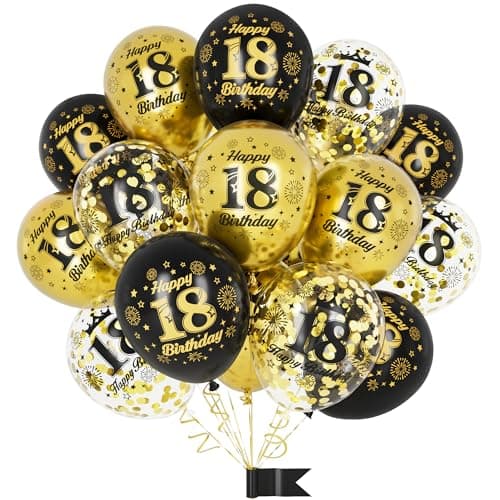 Image of Ousuga 15 Pcs Black Gold 18th Birthday Balloons with Happy Birthday Latex Confetti for Boys, Girls, Men, Women