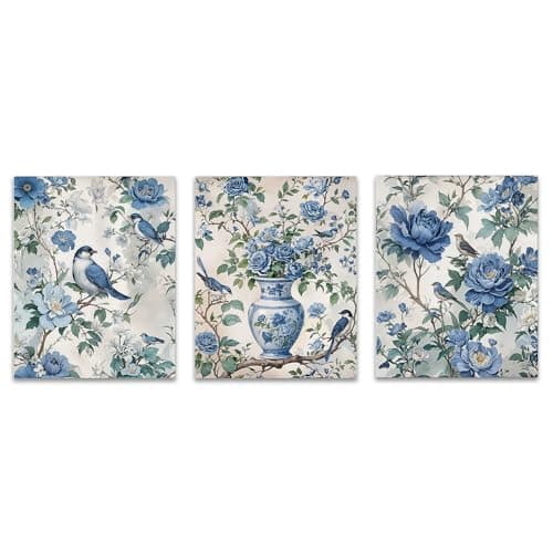 Image of OFJE Vintage Chinoiserie Floral Bird Wall Art Decor Prints Set of 3, Retro Blue and White Grandmillenial Flower Birding Wall Art Posters Decor for Home Bedroom Living Room, 8x10 Unframed