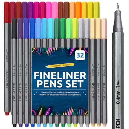 Image of SOL 32pk Fineliner Pens Coloured, 0.4mm Line Assorted Vibrant & Skin Tones Colours Precision Lines for Writing, Drawing, Journaling and Illustrations, Fine Tip Quick-Drying Smudge-Free Ink