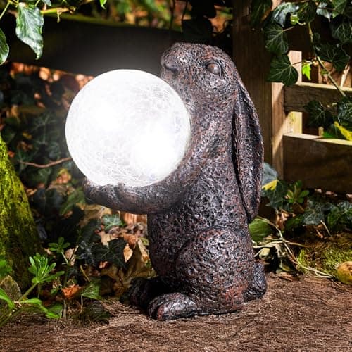 Image of Garden Mile Rabbit Ornament with Crystal Ball Solar Power Garden Pond Light Hand Painted Hare Poly Resin Tarnished Bronze Effect Garden Statue Ornament Outdoor Patio and Pond Lighting