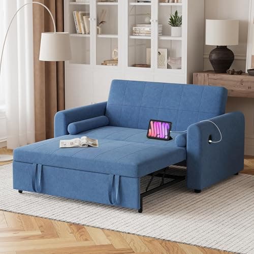 Image of Hadibio Double Sofa Bed, Convertible Velvet 2 Seater Sofa Bed with Storage Pockets, 3 Adjustable Backrest and USB & Type-C, 3-in-1 Pull Out Couch Bed for Living Room, Bedroom, Blue