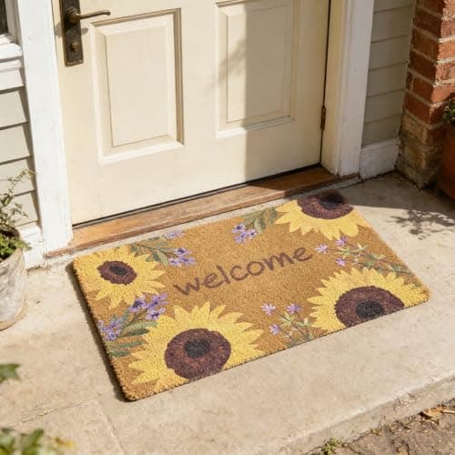 Image of Door Mat Indoor Outdoor Entrance, 40x60 cm Faux Coir Front Door Mats with Thick Bristles, Decorative Colorful Spring Flower Doormat Inside, Non Slip Backing Outside Welcome Rug for Door Decor, Small