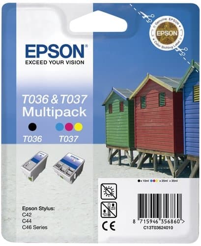 Image of set of two compatible inkjet cartridges t036 black and t037 colour for use in epson stylus c42ux/c42+/c44ux