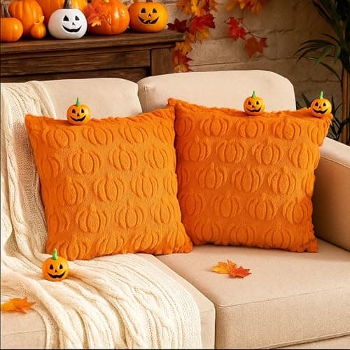 Image of RagQbuK Autumn Cushion Covers, Pumpkin Cushion Covers Set of 2, 45x45cm Orange Fall Decor, Seasonal Throw Pillow Cases for Sofa Bed