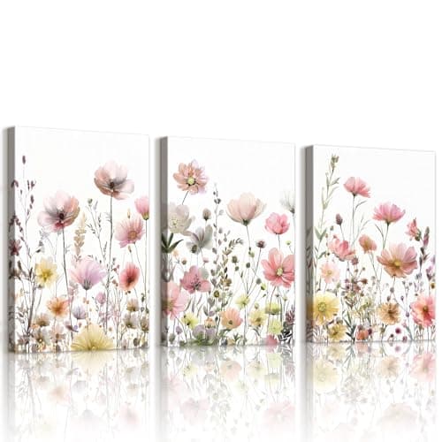 Image of WENGTIAO Set of 3 Colorful Wild Flowers Canvas Wall Art Prints Framed Pictures Red Pink and Yellow Floral Painting on Canvas for Modern Living Room Bedroom Home Wall Decor 30x40cmx3