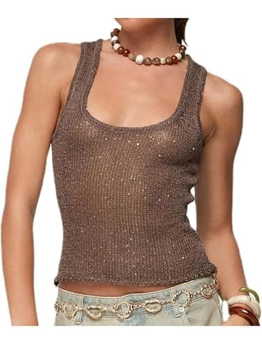 Image of Women's Sparkling Sequins Tank Tops Sleeveless U Neck Glitter Slim Fit Vest Y2K Tops Party Rave Streetwear (Coffee, S)