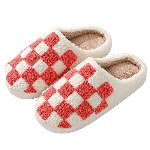 Image of KEYUSHOP Women Fluffy Slippers Checkerboard Grid Slippers Soft Plush Ladies Slippers Non-Slip Winter Warm House Shoes Bedroom Cloud Sliders for Indoor Outdoor