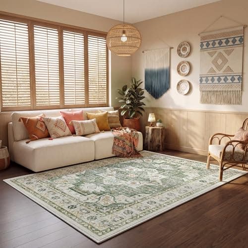 Image of Cliporix Large Green Area Rug for Living Room 160 x 230 cm, Machine Washable, Non-Slip Backing, Soft Low Pile, Vintage Boho Rugs, Fluffy Large Rug for Bedroom, Dining Room, Home Office