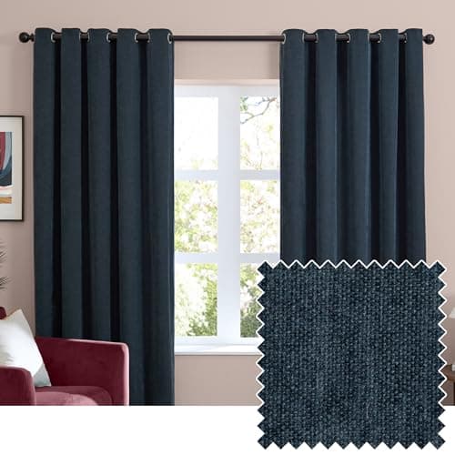 Image of furn. Soft Chenille Blackout Eyelet Curtain Pair – Soft Touch Matt Textured Lined Minimalist Curtains (Navy - 229x183cm)