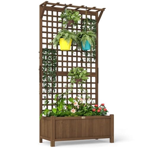 Image of Outsunny Wood Planter with Trellis for Climbing Plants, Raised Bed, Planter Box with Drainage Holes to Grow Vegetables, Herbs and Flowers for Garden, Patio, Yard, Brown