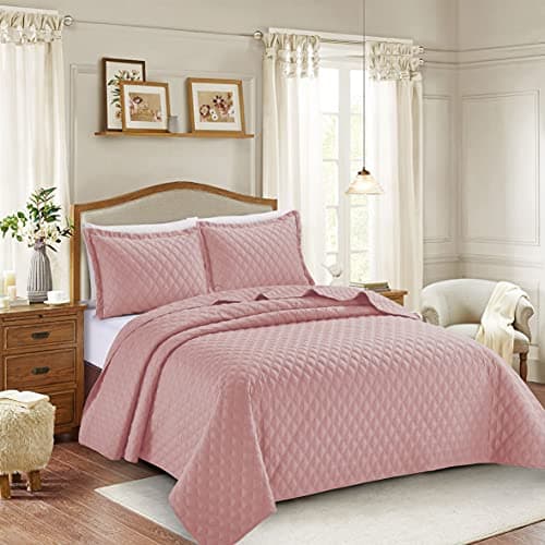 Image of PRIME LINENS 3 Piece Inspiration Quilted Bedspread Embossed Pattern Comforter Bedding Set Bed Throw with Pillow Case (Pink, Double 3 Piece)