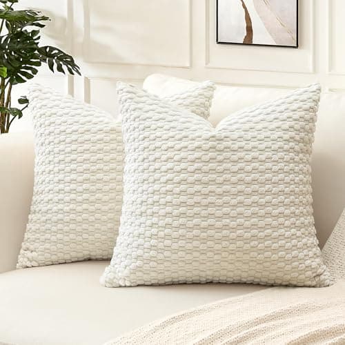 Image of Artscope Pom Poms Decorative Corduroy Cushion Covers 45x45cm Super Soft Boho Striped Square Pillow Covers Case Geometric for Sofa Couch Bedroom Car Decor Set of 2, Cream Beige