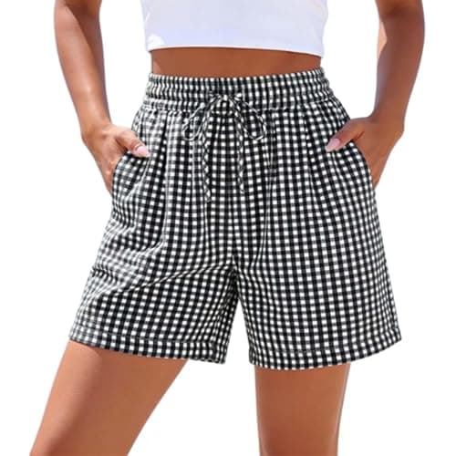 Image of Saxrel Black Gingham Checkered Womens Shorts Loose Fit Sports Pants - Elasticated Drawstring Waist Activewear Plaid Ladies Hiking Shorts Side Pockets for Daily Holiday Beach Walking Sizes L