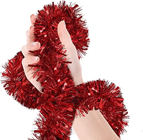 Image of SHATCHI 4Pcs Red Christmas Tinsels 1.8m/6ft Xmas Metallic Chunky Tinsel Garland for Christmas Tree Hanging Decorations