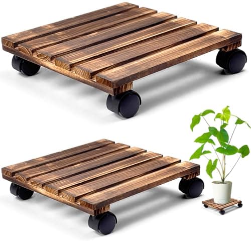 Image of RUHUHUR 2 Pack 30cm Square Wooden Plant Caddy with Wheels,Rolling Plant Stand with Lockable Caster Wheels,Heavy Duty Mobile Plant Holder Plant Trolley for Indoor Outdoor Garden Decor