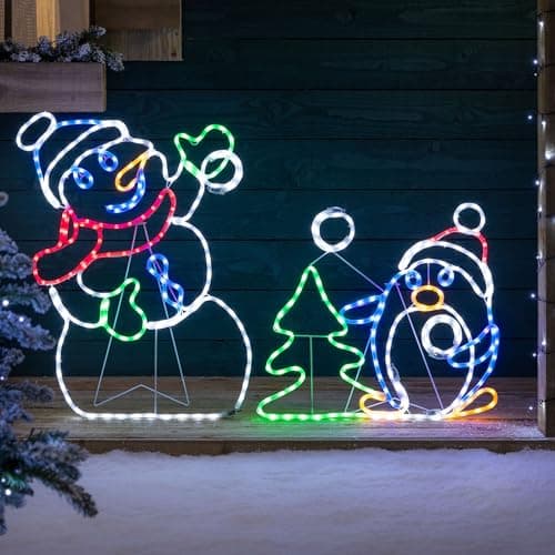 Image of Christow Snowman & Penguin Christmas Light, LED Rope Light Silhouette, Flashing Animated Snow Fight Decoration, Indoor Outdoor, Free Standing & Wall Mountable, Mains Operated (H87cm x W135cm)