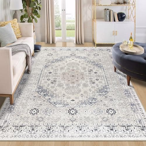 Image of Capslpad Washable Rugs Living Room 160x230cm Distressed Vintage Area Rugs Non-Slip Traditional Oriental Bedroom Carpet Low Pile Thin Floor Mat Rug for Dining Room Kitchen Office Decor, Grey