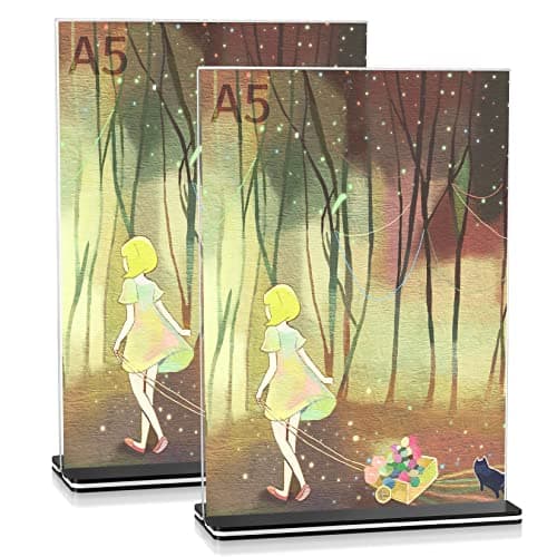 Image of woshilaoDS A5 Acrylic Sign Holder Stands, 2 Pcs Menu Poster Holder Stand, Clear Acrylic Vertical Double Sided Plastic Display Stands for Documents Photo Display on Hotel Restaurant Office