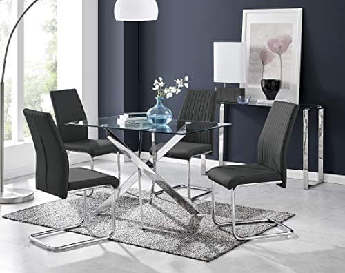 Image of Furniturebox UK Leonardo 4 Clear Glass and Chrome Metal Modern Dining Table and 4 Lorenzo Dining Chairs Set