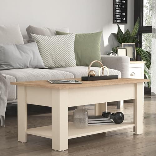 Image of Galano Brixburn Coffee Table – Modern Storage Table with Distressed Oak Finish for Living Room, Entryway, or Foyer – Space-Saving Design – Parchment/Oak