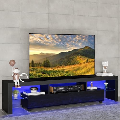 Image of Panana Modern White 200CM TV Unit Stand for 65 to 85 inch TV With RGB LED Lights High Gloss Door TV Stand Living Room Furniture TV Cabinet (Black)