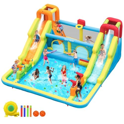 Image of Bouncy Castle XXL with Double Water Slide and Blower, Large Bouncy House with 4 Water Spray Cannons, 2 Climbing Walls, Basketball Hoop, Trampoline for Children Outdoor Indoor, 452 x 416 x 210 cm